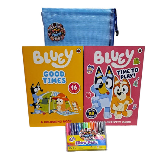 Bluey Good Times Colouring Book, Sticker Book (100+ Stickers) & Fibre Pens Set